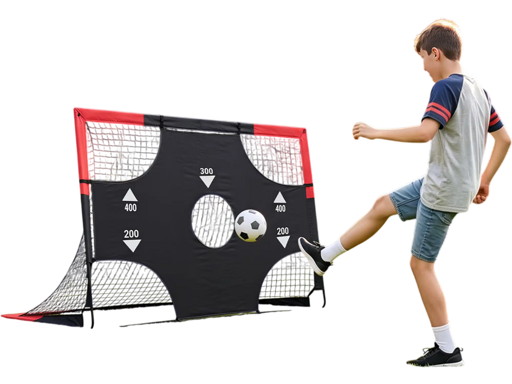Portable 6 x 4 FT soccer goal set with Oxford target and cones, perfect for backyard skill-building and practice.