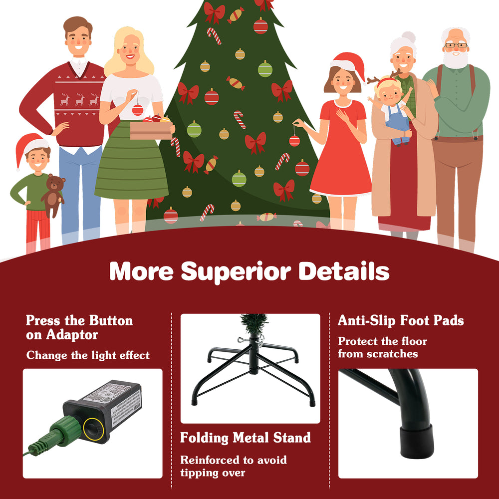 Pre-lit 6ft Christmas tree with 280 warm white LED lights, featuring a folding metal stand and anti-slip foot pads.