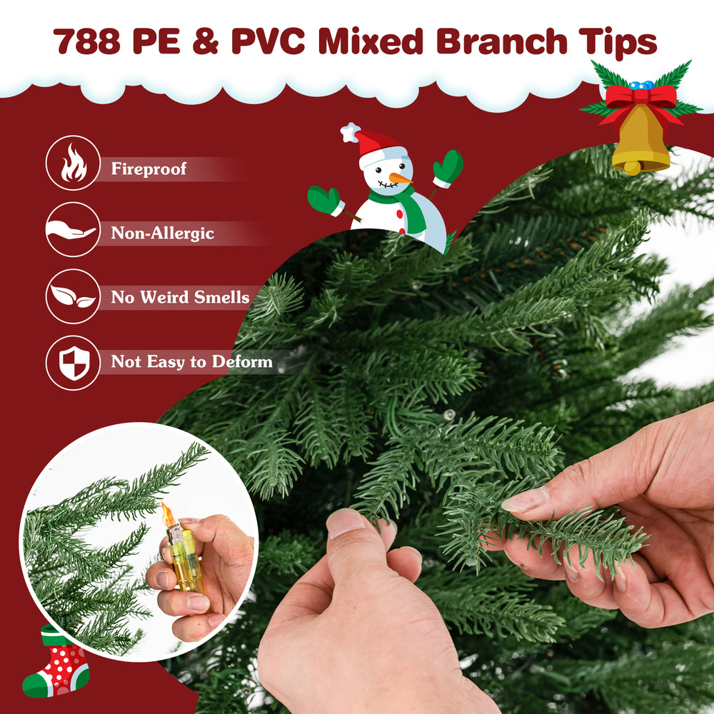Close-up of the 788 PE & PVC mixed branch tips of a pre-lit 6ft Christmas tree, showcasing fireproof and non-allergic.