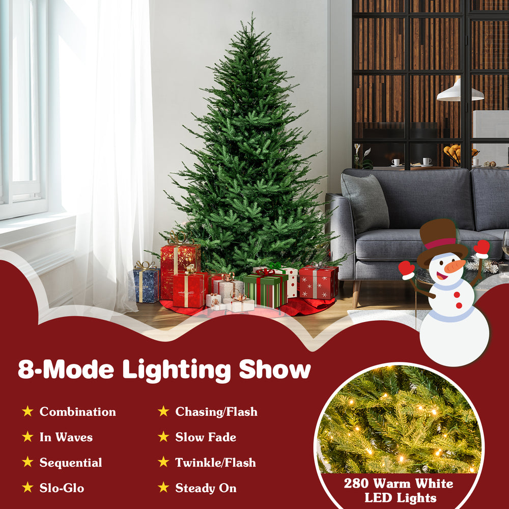 6ft pre-lit Christmas tree with 280 warm white LED lights and 8 lighting modes, perfect for festive home decoration.