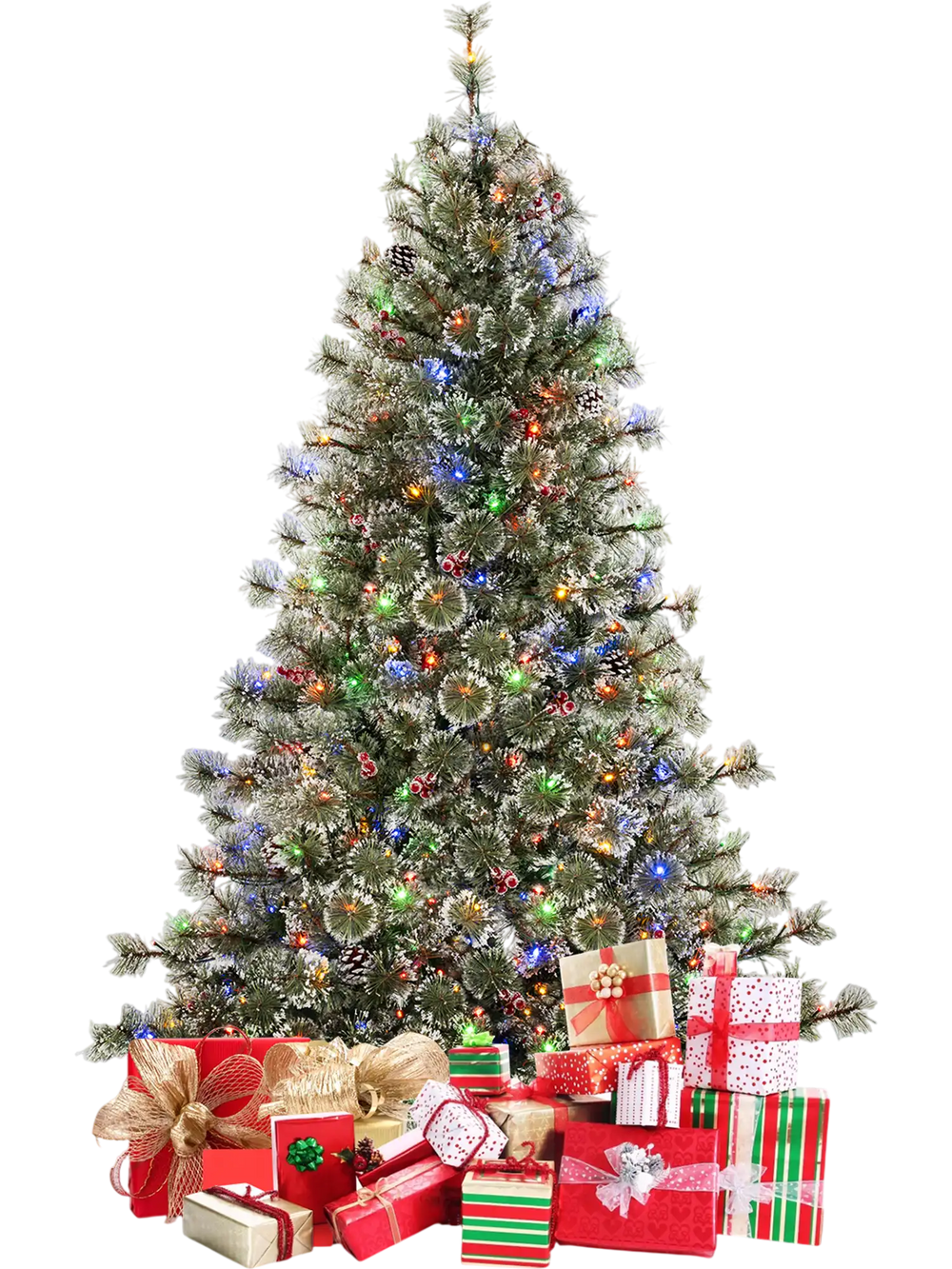 6 ft pre-lit artificial Christmas tree with colorful LED lights, surrounded by wrapped gifts in a festive living room.