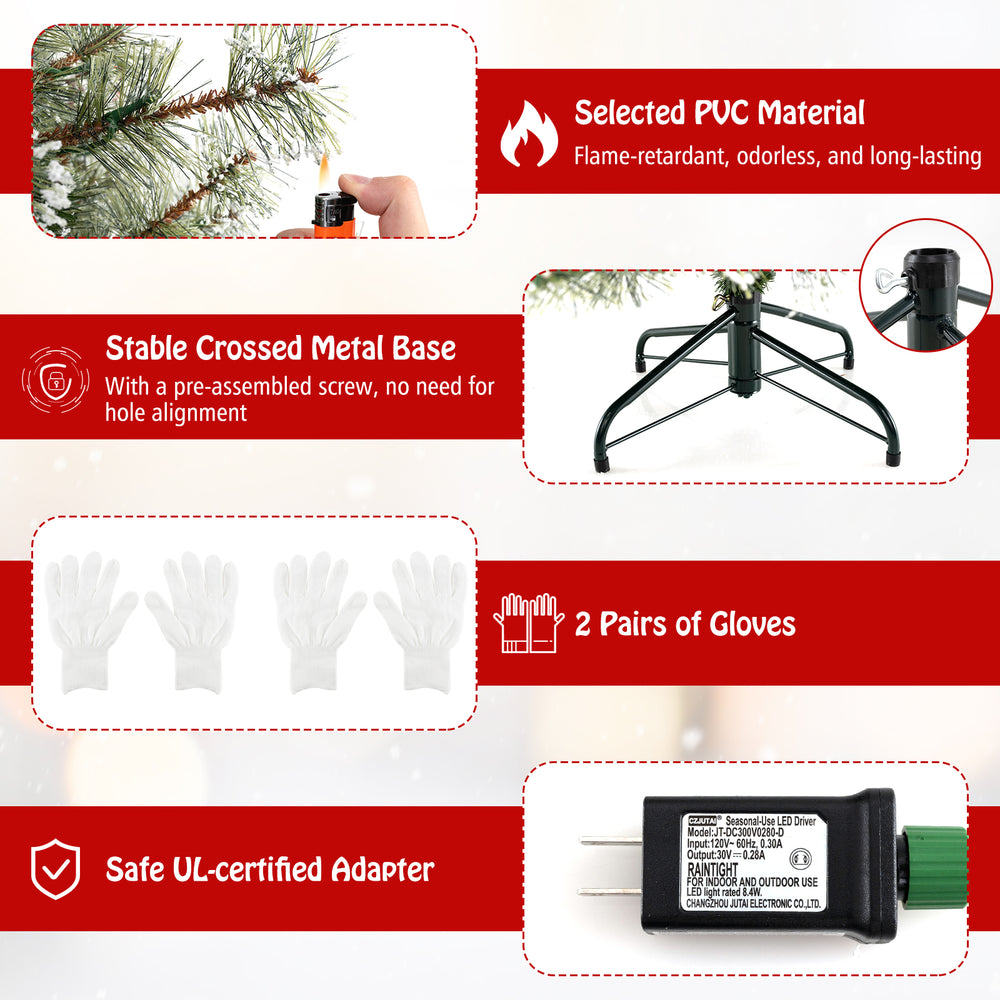 6 ft pre-lit artificial Christmas tree with PVC leaves, hinged design, and 360° quick power connector for easy setup.