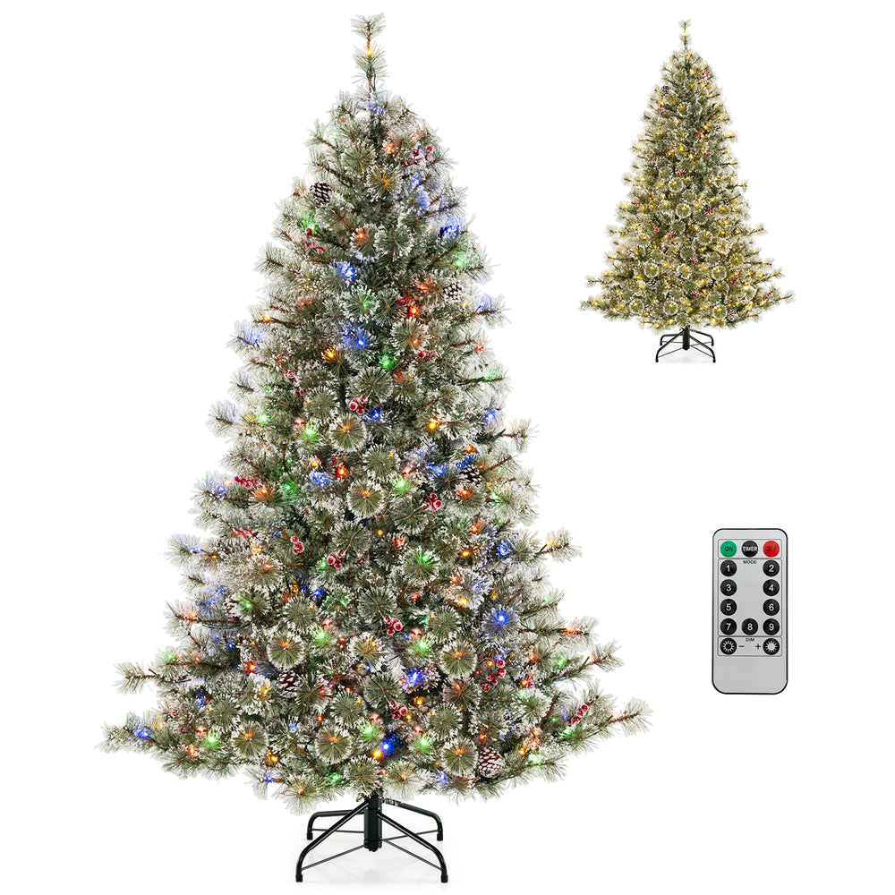6 ft pre-lit artificial Christmas tree with multicolored LED lights, pine cones, and berries for festive holiday decor.