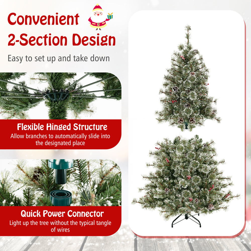 6 ft pre-lit artificial Christmas tree with flexible hinged structure, pine cones, red berries, and quick power.