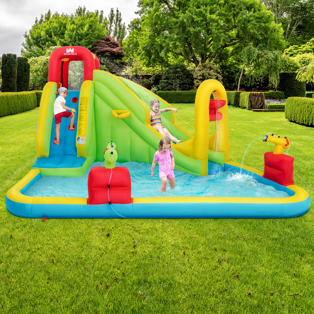 Outdoor inflatable water bounce house with slide and spray features, made of premium Oxford material for garden fun.