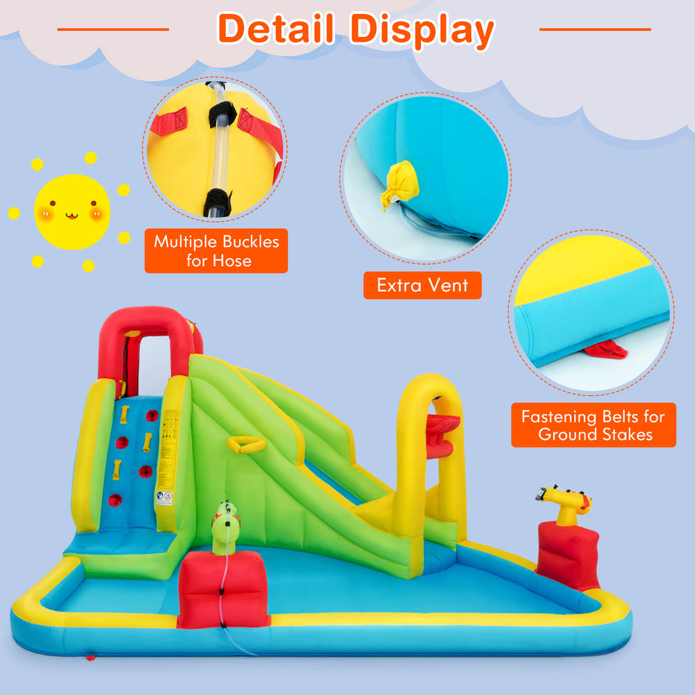 Detail view of the Outdoor Inflatable Water Bounce House showing multiple buckles, extra vent, and fastening belts for.