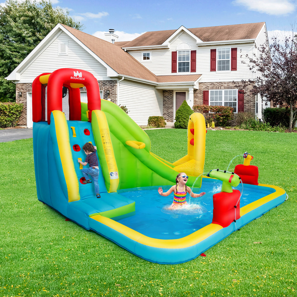 Outdoor inflatable water bounce house with slide and splash area, made of premium Oxford material for garden fun.