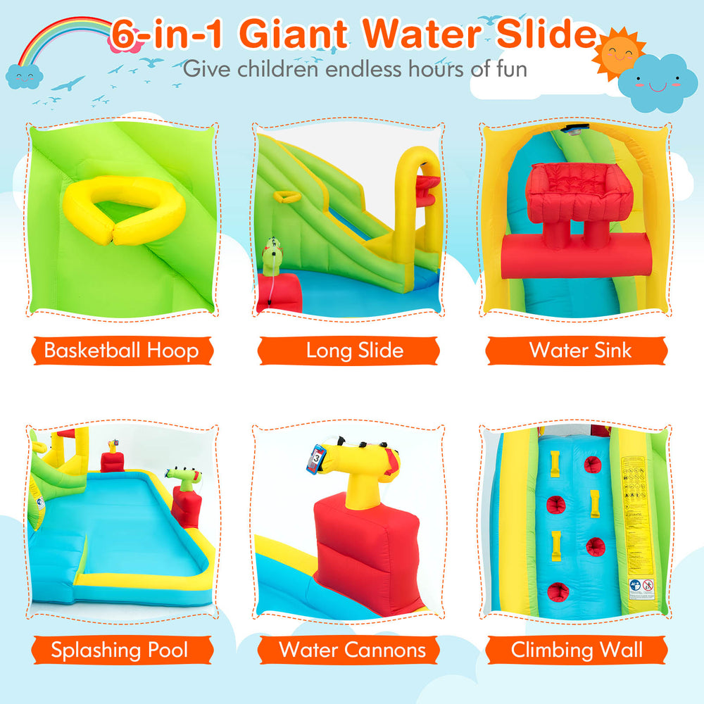 Outdoor inflatable water bounce house featuring a long slide, climbing wall, and water cannons for garden fun.