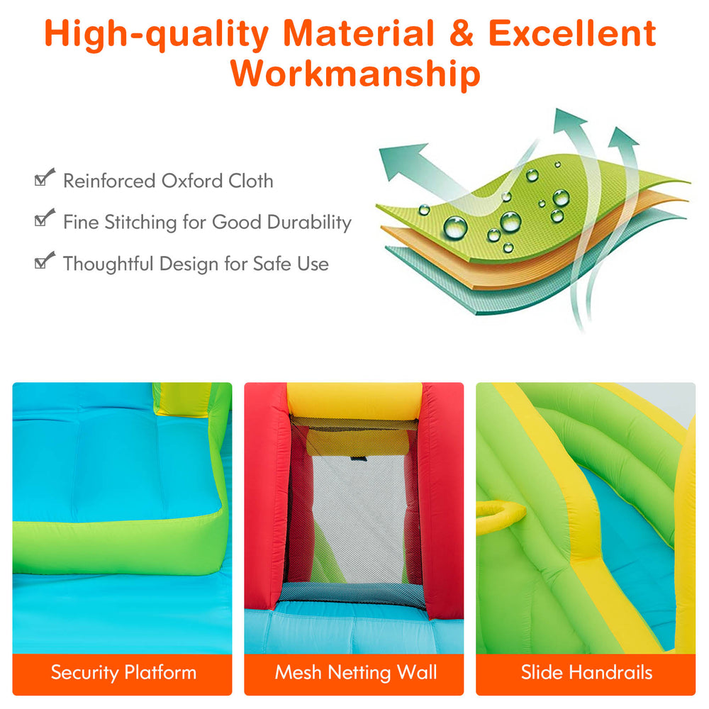 Inflatable Splash Jump Slide features a security platform, mesh netting wall, and slide handrails for safe outdoor fun.