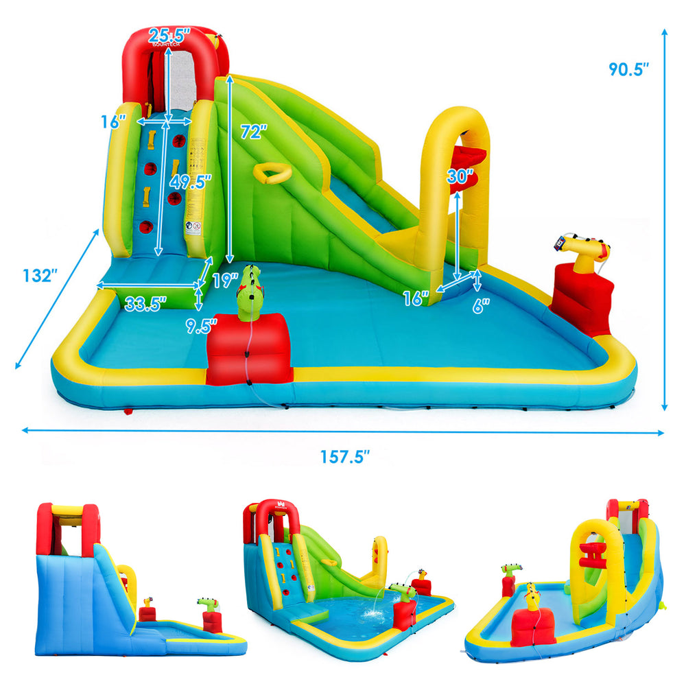 Inflatable Splash Jump Slide with water spray feature, made of premium oxford material, perfect for garden fun.