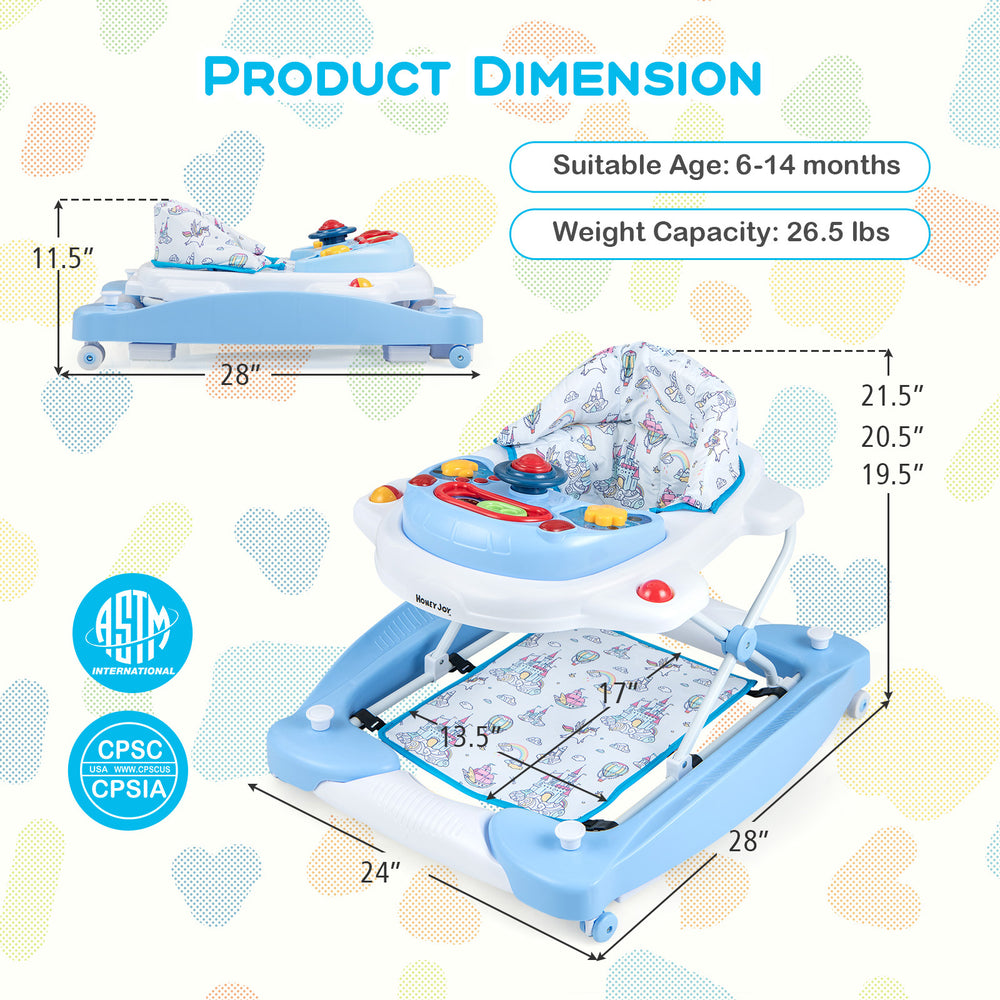 6 in 1 foldable baby walker in blue with adjustable height, music tray, and ergonomic backrest for growing kids.
