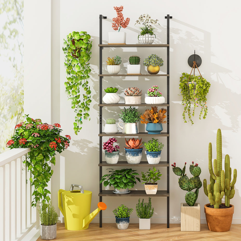 6-tier ladder shelf with oak finish, showcasing plants and decor, perfect for home organization and rustic style.