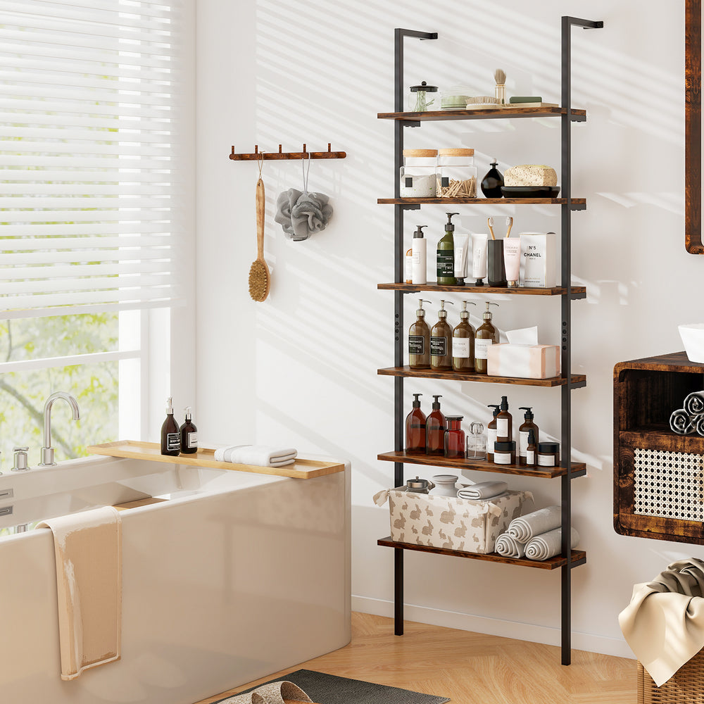 6-tier Ladder Shelf 72 Inches Industrial Wall Mounted Bookshelf-Rustic Brown - Gallery View 1 of 9