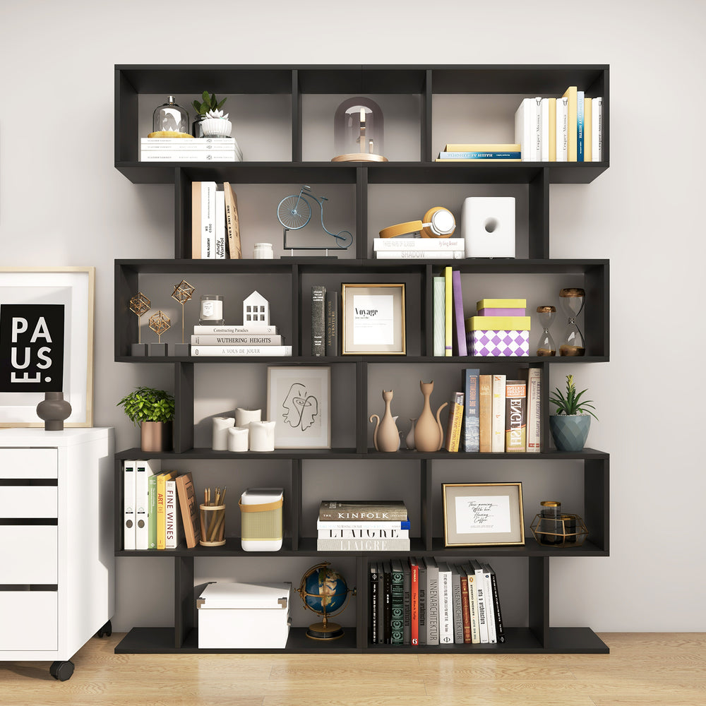 S-shaped black 6-tier bookshelf with spacious compartments for books and decor, perfect for living room or office use.