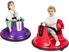 Kids riding red and purple 12V bumper cars with lights and music, designed for safe and fun outdoor play.