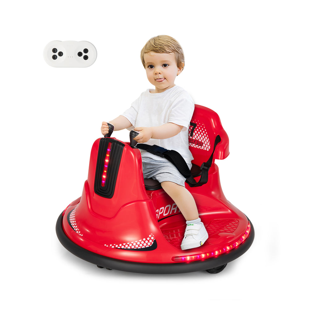 Red 12V kids ride-on bumper car with remote control, lights, and music, designed for safe and fun indoor play.