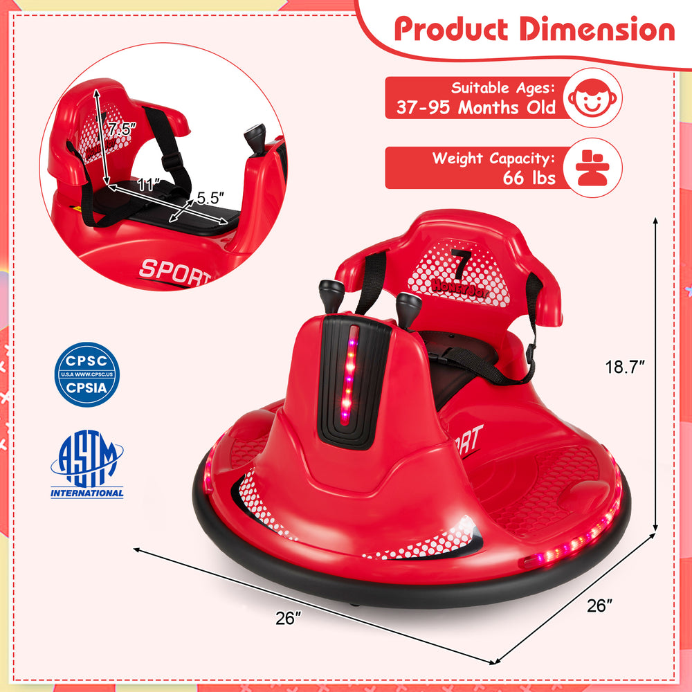 Red 12V kids ride-on bumper car with remote control, lights, and music, designed for safe and fun driving experiences.