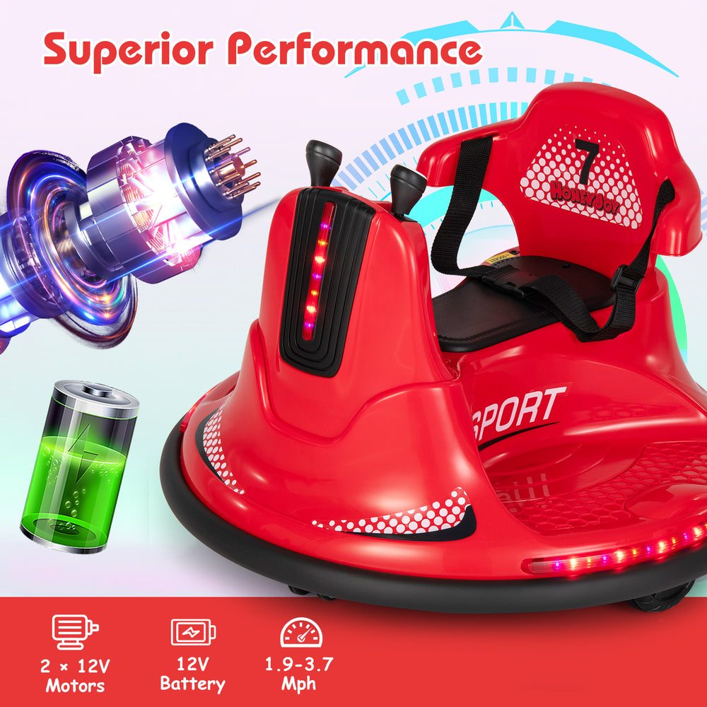 Red 12V kids ride-on bumper car with remote control, lights, and music, designed for safe and exciting driving fun.