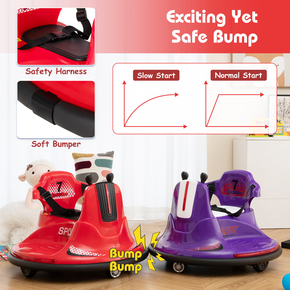 Red 12V kids ride-on bumper car with remote control, soft bumper, and safety harness for safe, exciting play.