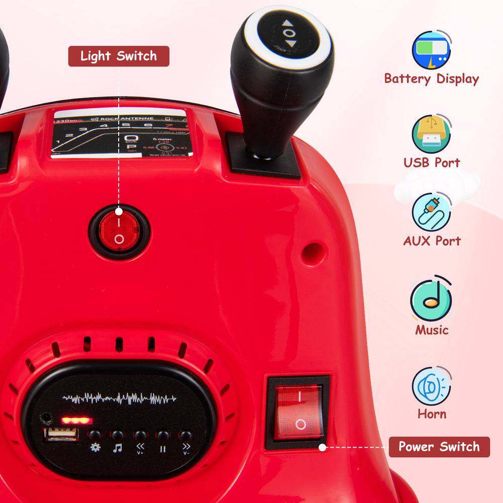 Close-up of the control panel on the red 12V kids ride-on bumper car, featuring light switch, USB port, and battery.