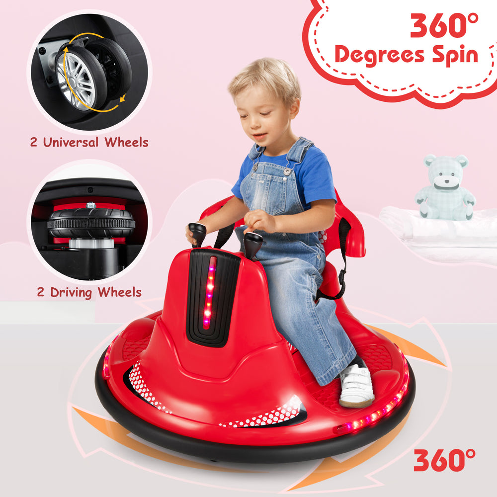 Red 12V kids ride-on bumper car with remote control, featuring 360-degree spin, lights, and music for fun play.