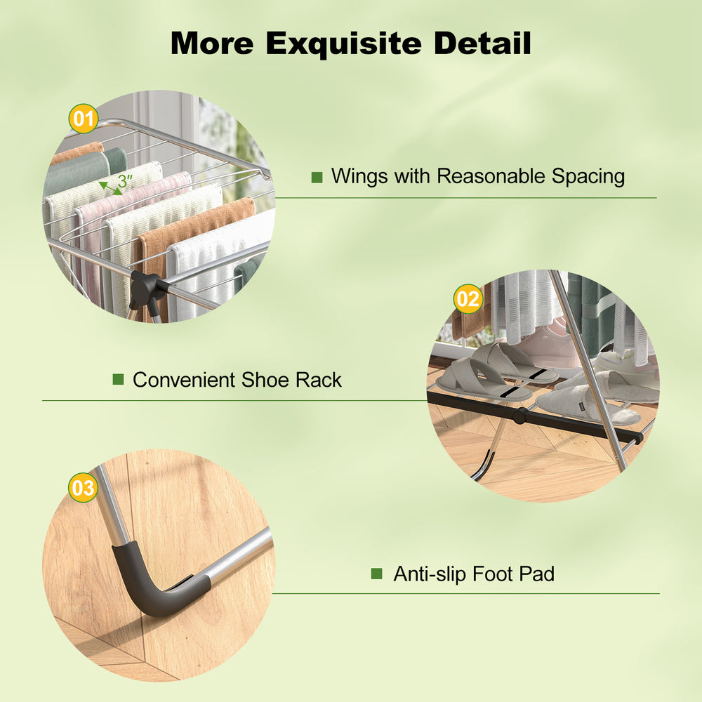 Detail of the 2-tier laundry drying rack showing adjustable wings, shoe rack, and anti-slip foot pad for stability.