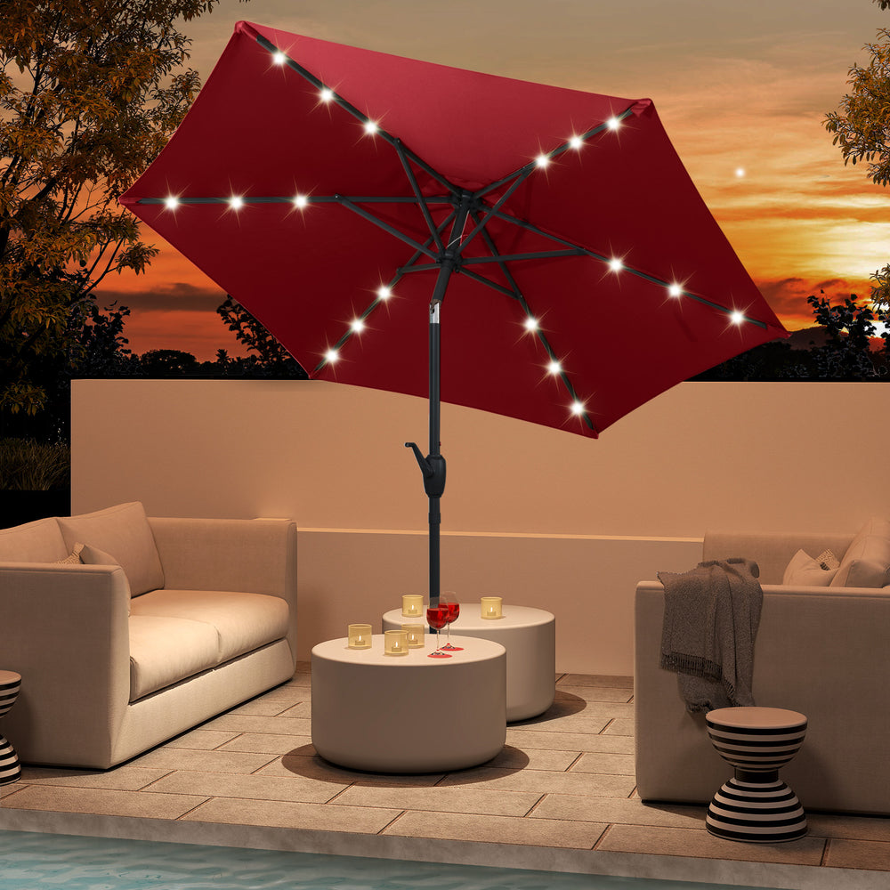 7.5 Feet Solar Powered Patio Umbrella with LED Lights and Crank Handle-Burgundy - Gallery View 1 of 10