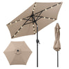 Tan 7.5 feet solar-powered patio umbrella with LED lights, crank handle, and push button tilt for optimal shade.