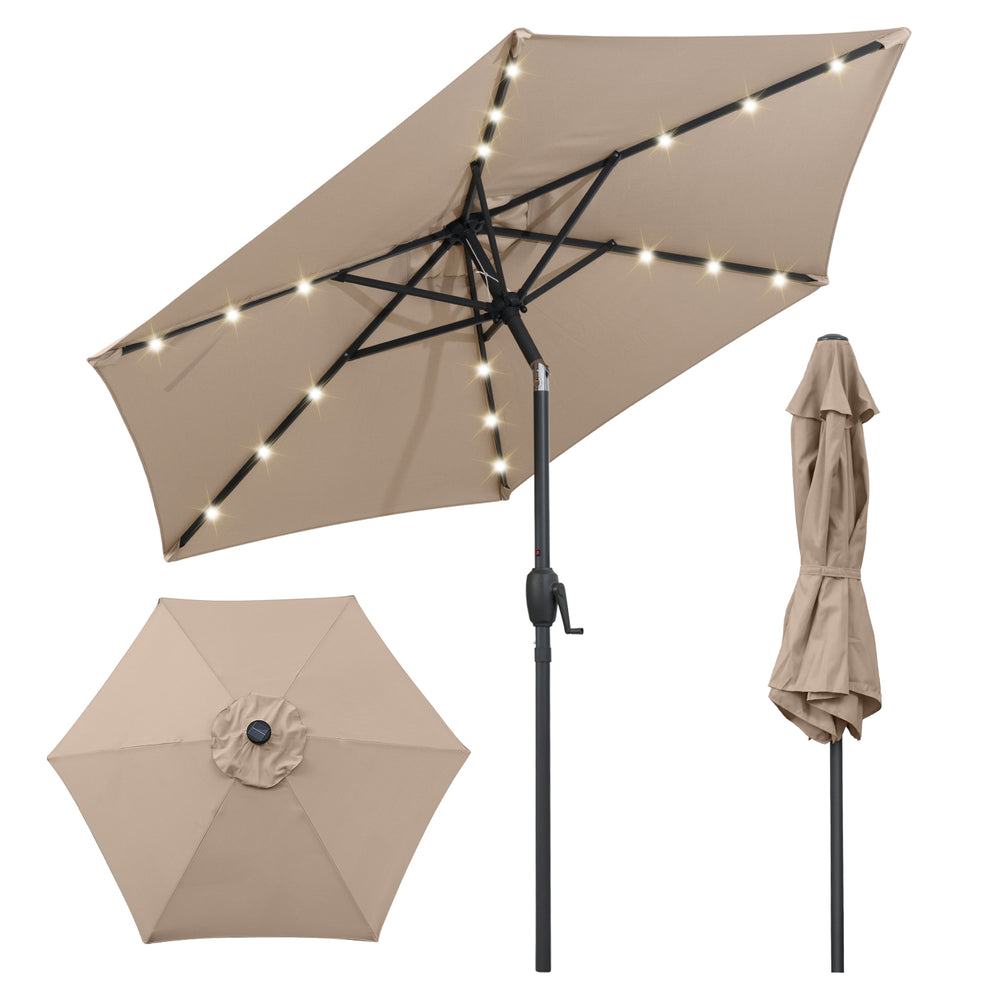 Tan 7.5 feet solar-powered patio umbrella with LED lights, crank handle, and push button tilt for optimal shade.