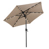 Tan solar-powered patio umbrella with LED lights, crank handle, and push button tilt for optimal shade and stability.