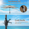 7.5 feet tan solar-powered patio umbrella with crank handle and push button tilt for optimal shade and easy operation.