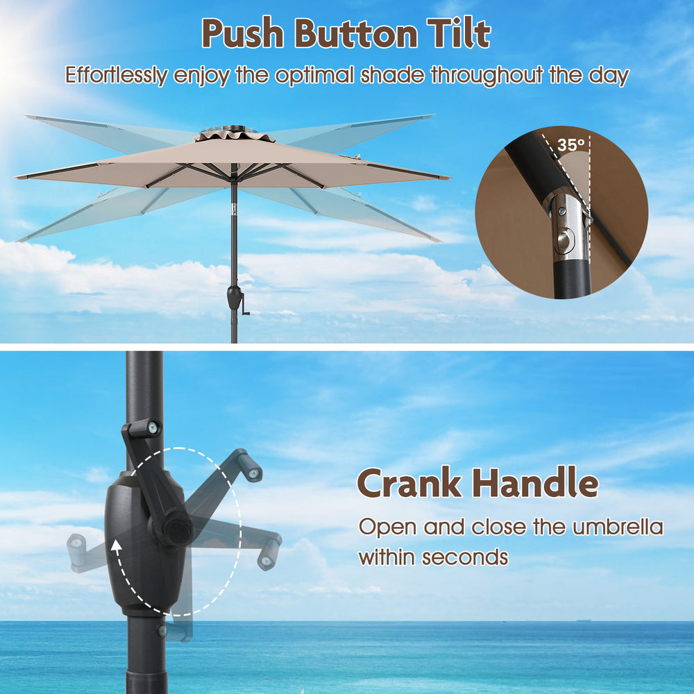 7.5 feet tan solar-powered patio umbrella with crank handle and push button tilt for optimal shade and easy operation.