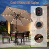 Tan 7.5 feet solar-powered patio umbrella with LED lights, featuring 18 light beads for a romantic atmosphere.