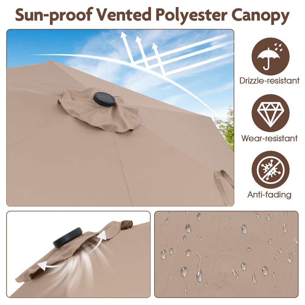 Vented tan polyester canopy of a 7.5 feet solar-powered patio umbrella, showcasing durability and sun protection.