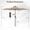 Dimensions of the 7.5 feet tan solar-powered patio umbrella with LED lights and crank handle for optimal shade.
