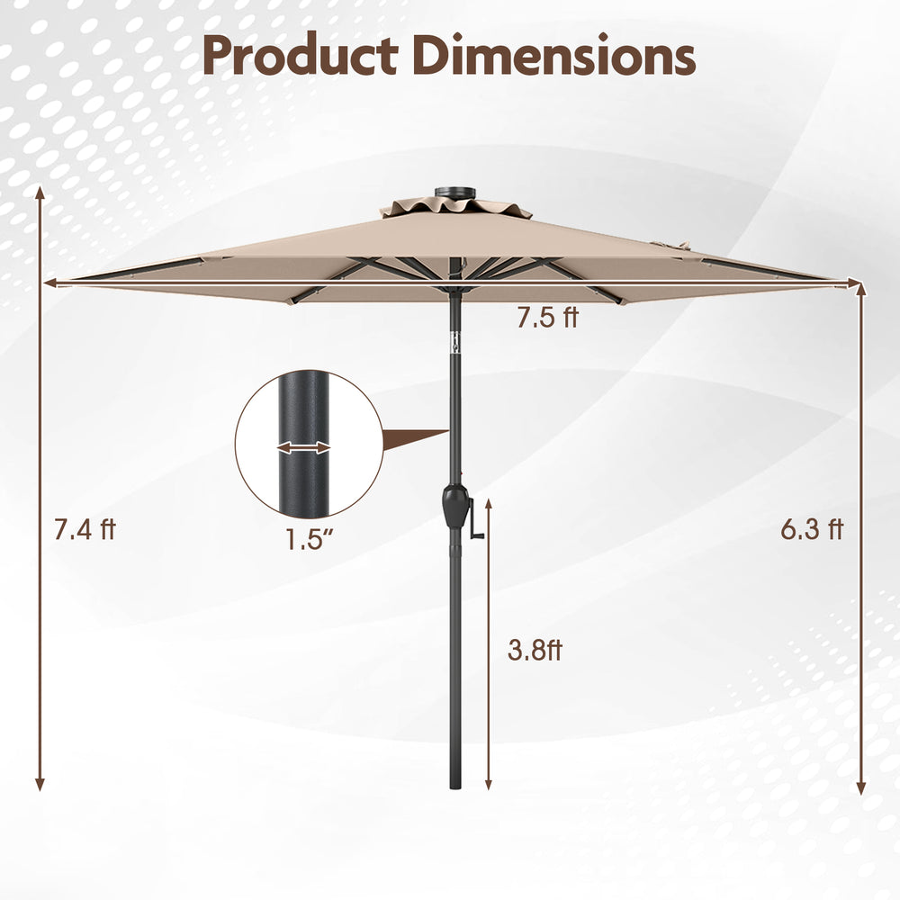 Dimensions of the 7.5 feet tan solar-powered patio umbrella with LED lights and crank handle for optimal shade.
