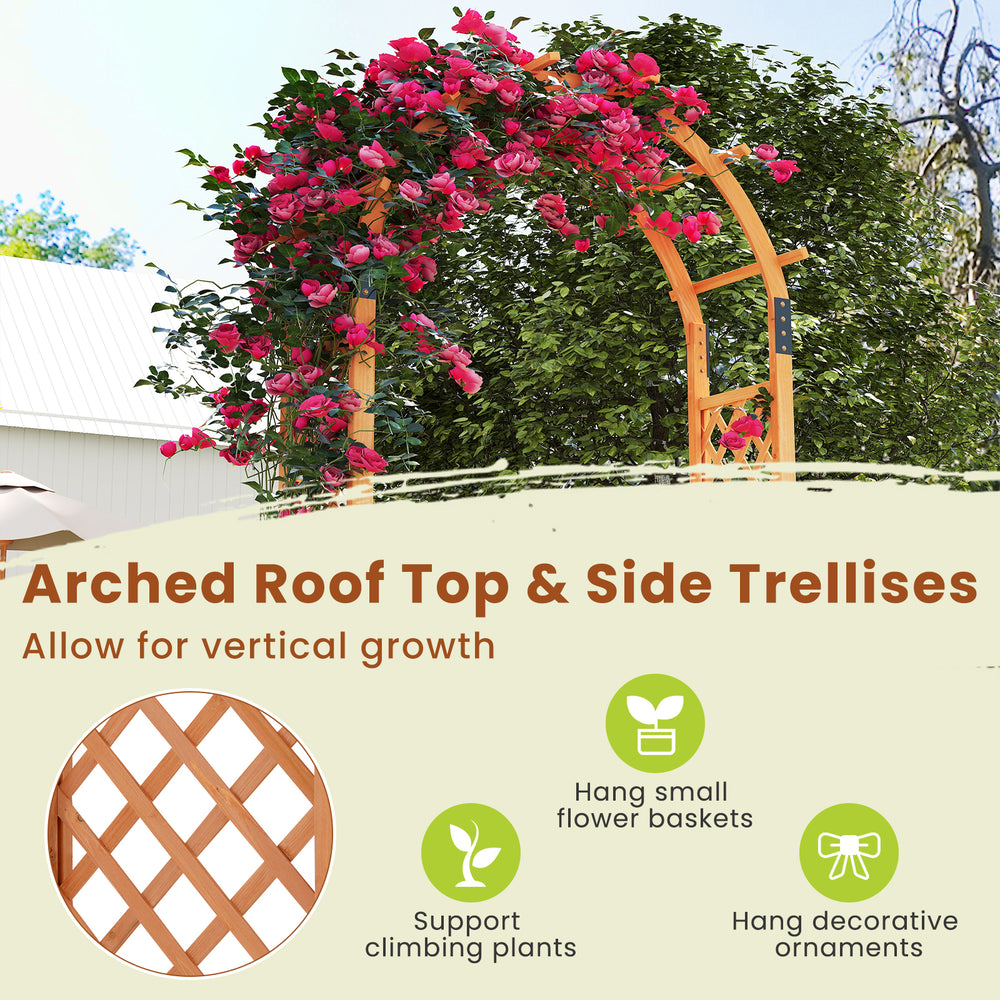 Wooden garden arch with arched roof and side trellises, ideal for climbing plants and hanging decorative ornaments.