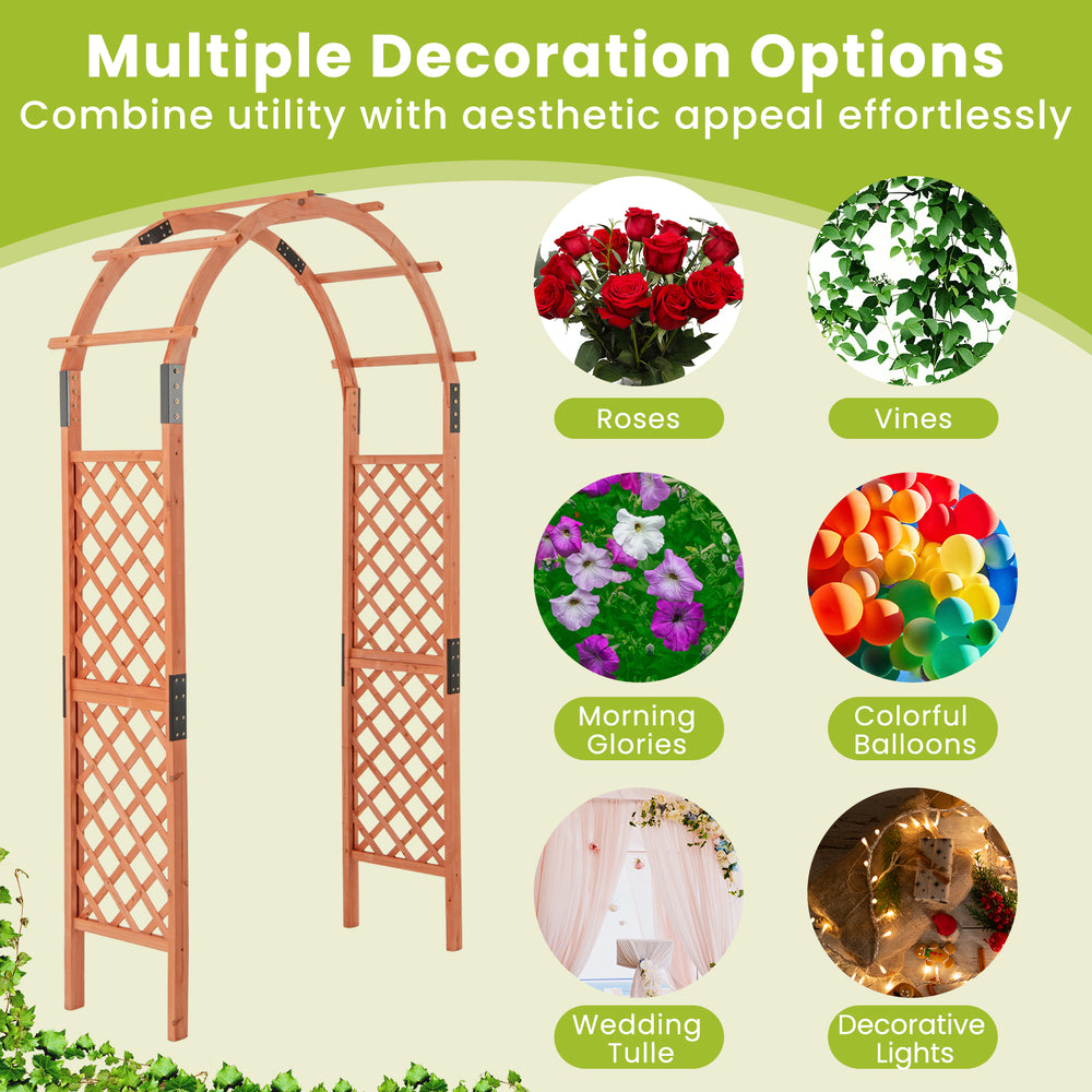 7.7 feet wooden garden arch arbor with lattice trellises, perfect for climbing plants and decorative displays.