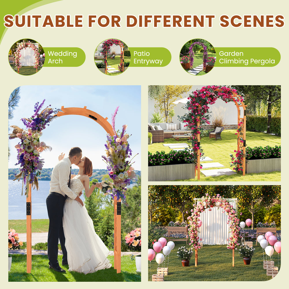 Wooden garden arch with lattice trellises, ideal for climbing plants, wedding entry, or patio decoration.