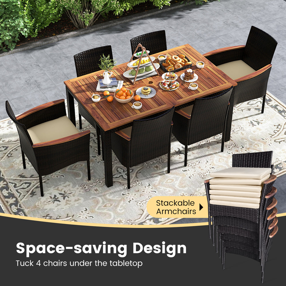 7-piece rattan patio dining set featuring a rectangular acacia wood table and 6 stackable chairs for outdoor dining.