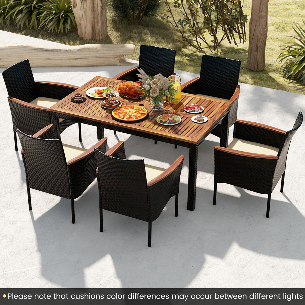 7-piece rattan patio dining set featuring a wooden tabletop and 6 stackable chairs, perfect for outdoor dining.