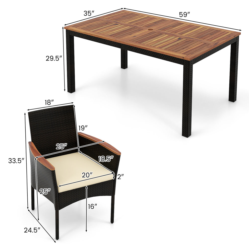 Rattan patio dining set featuring a rectangular acacia wood table and stackable chairs with cushions for outdoor use.