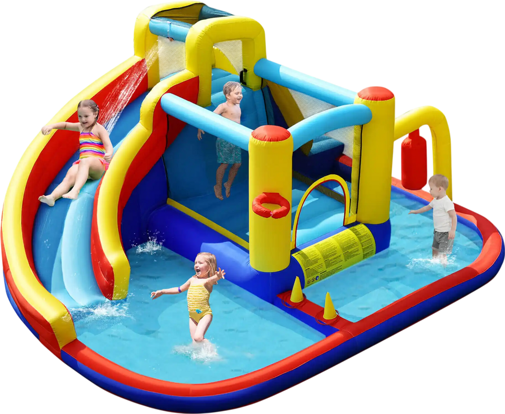 7-in-1 Inflatable Water Slide Bounce Castle with Splash Pool and Climbing Wall without Blower