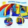 Inflatable water slide bounce castle with splash pool, featuring a basketball hoop and toy pendulum for outdoor fun.
