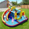 Inflatable water slide bounce castle with splash pool, climbing wall, and games for outdoor fun with 4 kids.
