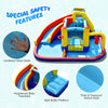 Inflatable water slide bounce castle featuring safety mesh walls, climbing wall, and splash pool for outdoor fun.