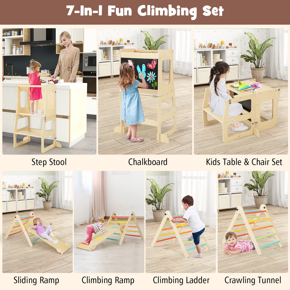 7-in-1 toddler climbing toy set with slide, climbing ramp, ladder, and chalkboard for kids aged 3-14 years.