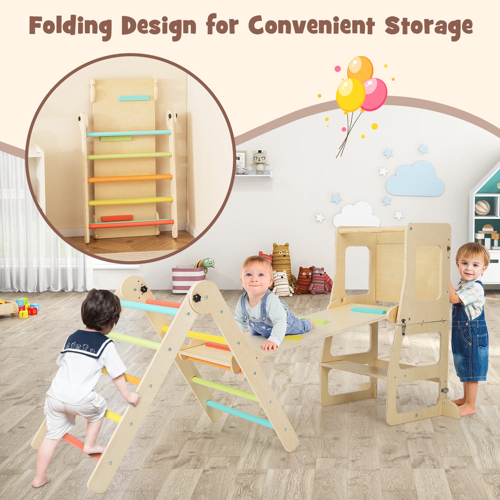 7-in-1 toddler climbing toy set with folding design, includes slide, climbing ramp, and adjustable kids table and chair.