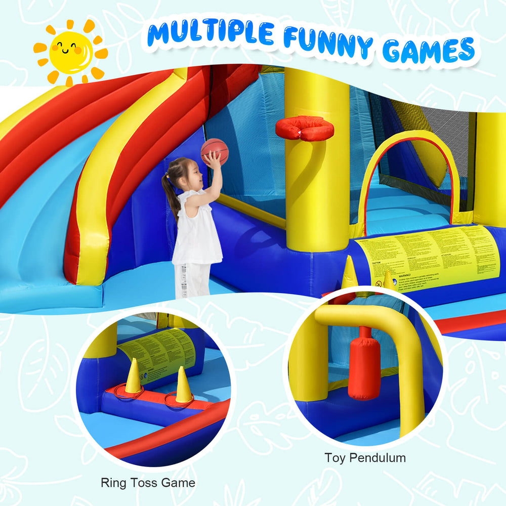 Inflatable water slide with climbing wall, basketball hoop, and ring toss for outdoor fun and safe play for kids.