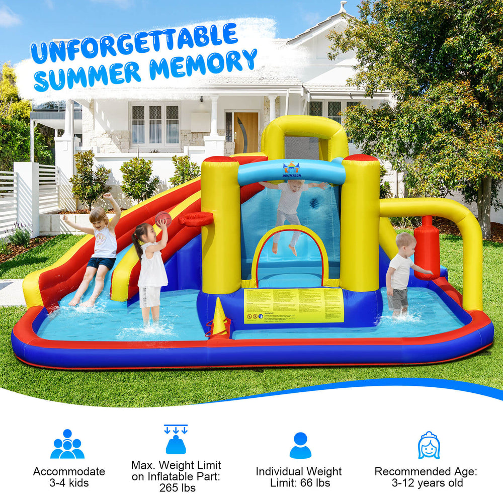 7-in-1 inflatable water slide with splash pool, climbing wall, and games for 4 kids, made of durable oxford fabric.